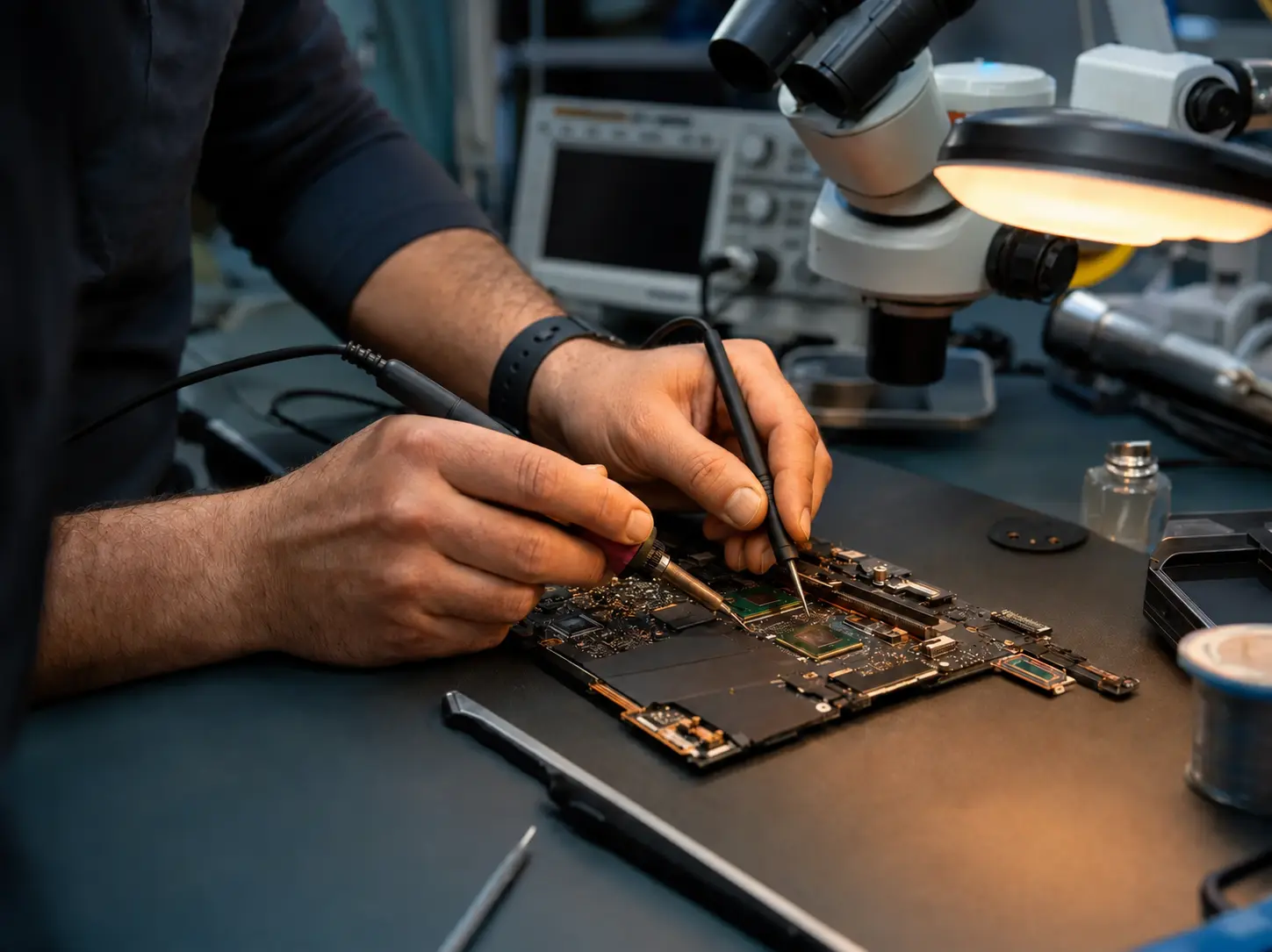 Technik diagnozujący płytę główną pod mikroskopem